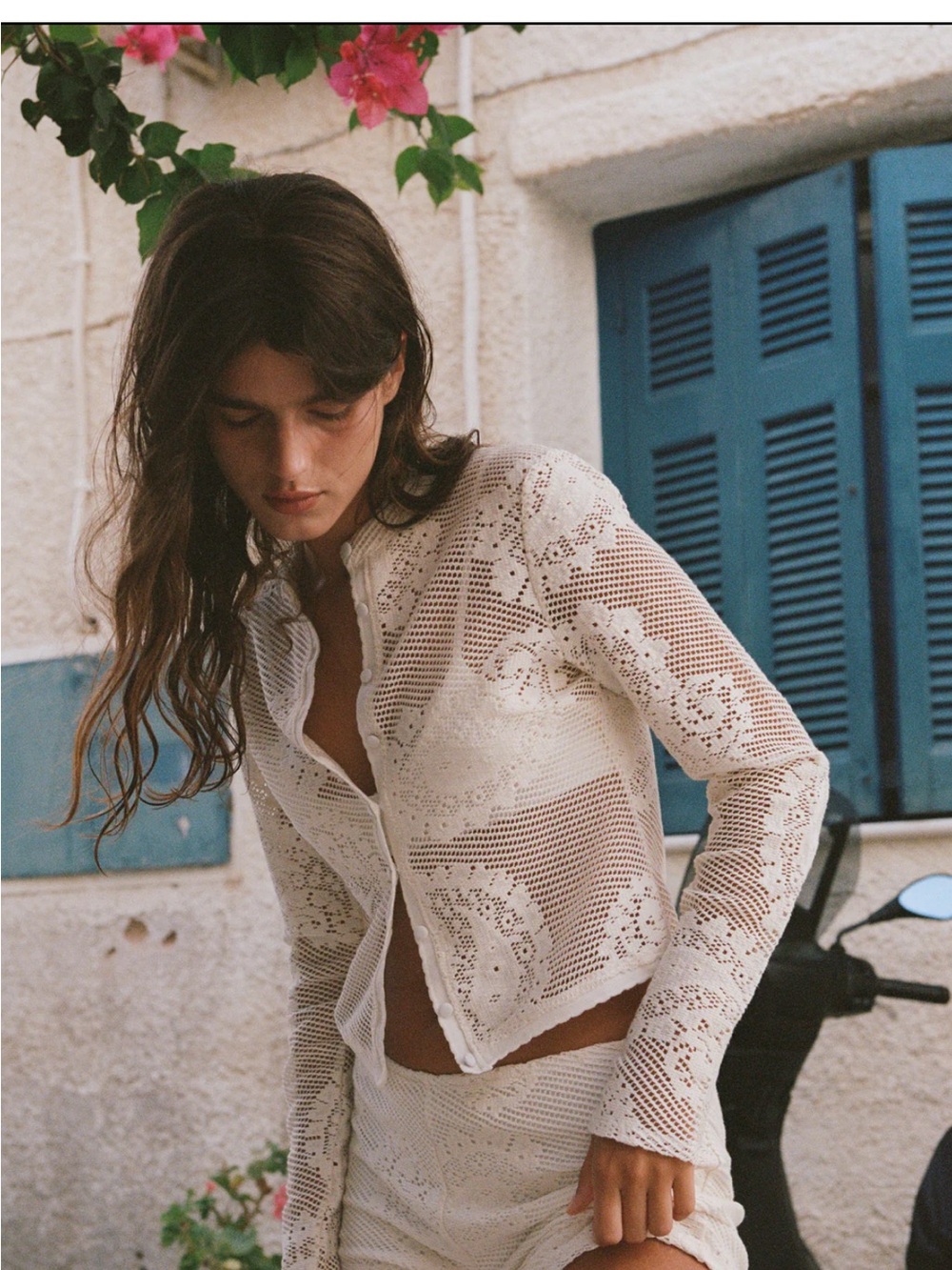 Sheer Crochet Knit Button-Front Top in Cream